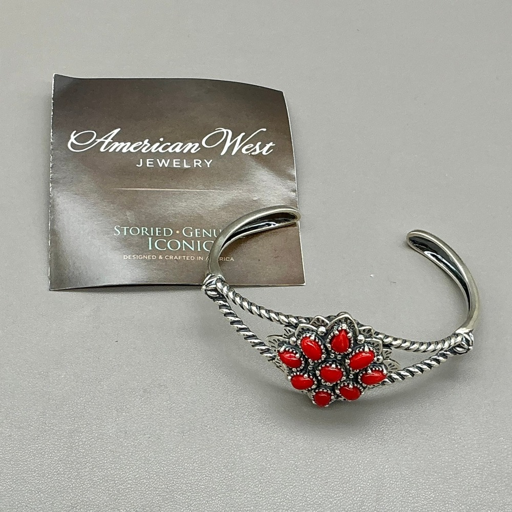 American West Bracelet Sterling Silver Red Coral Floral Cluster Cuff Western